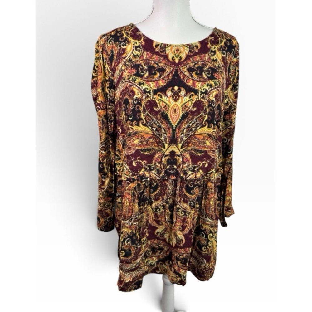 J. Jill Women's L Lagenlook Tunic Top Burgundy Gold Paisley EUC